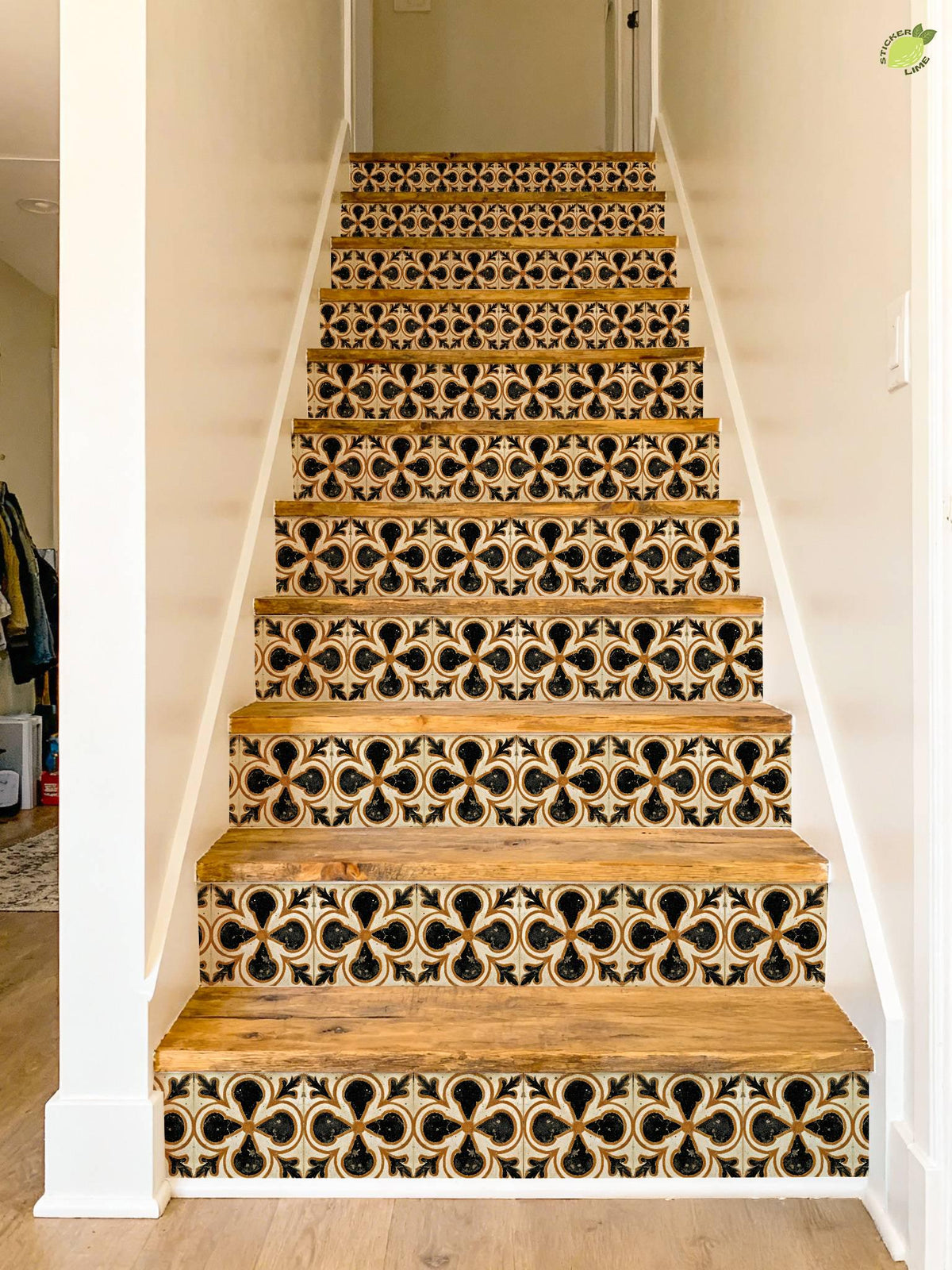 Terracotta Medieval Quatrefoil peel and stick stair riser decals, photo 6 of 8