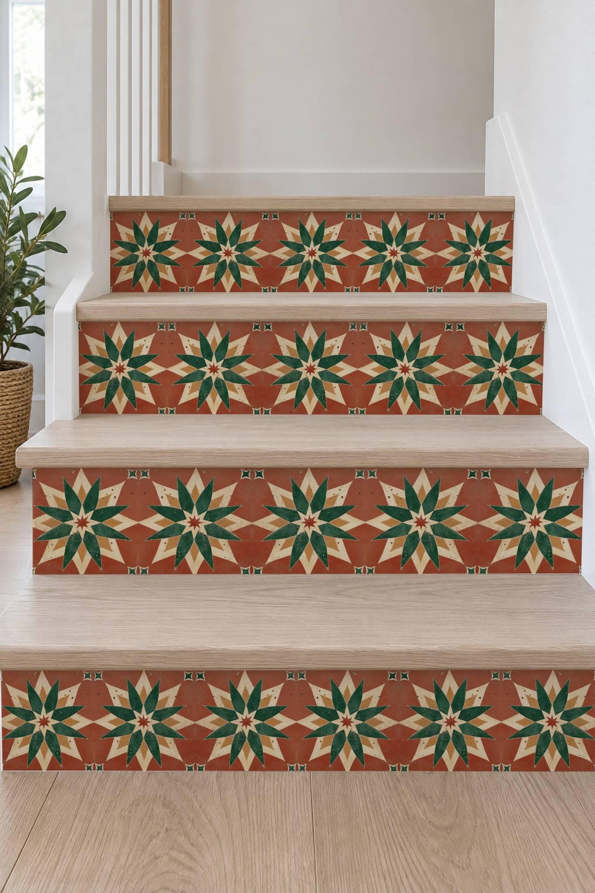 Terracotta Moroccan Star peel and stick stair riser decals, photo 7 of 8