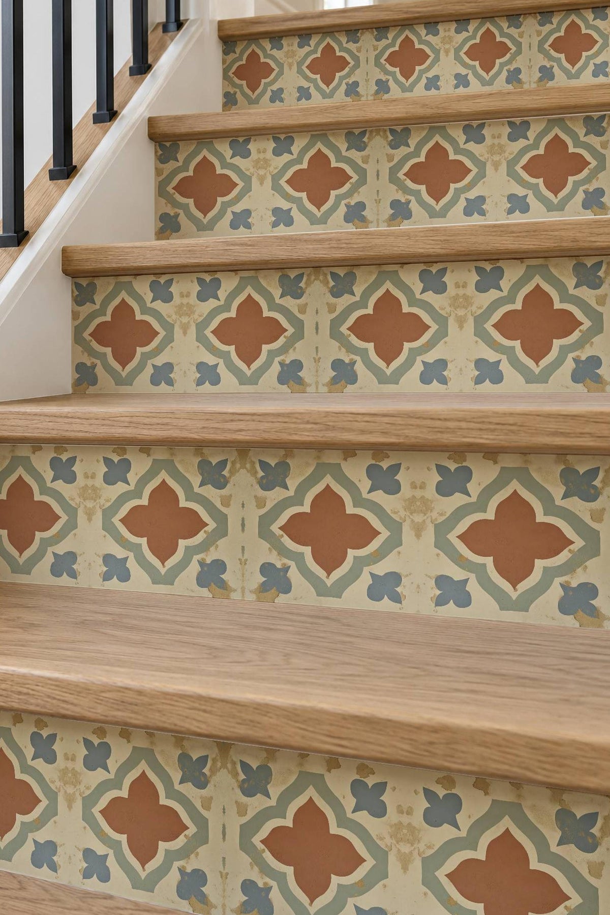 Terracotta Spanish Quatrefoil peel and stick stair riser decals
