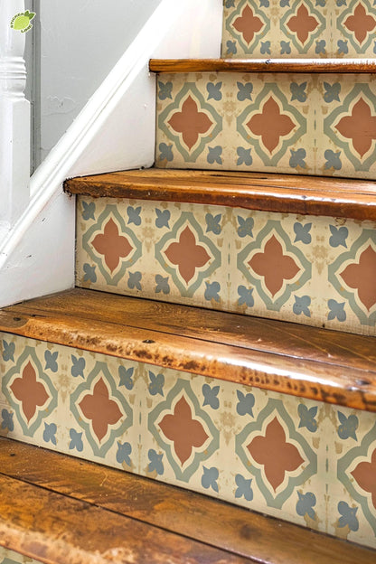Terracotta Spanish Quatrefoil peel and stick stair riser decals, photo 3 of 8