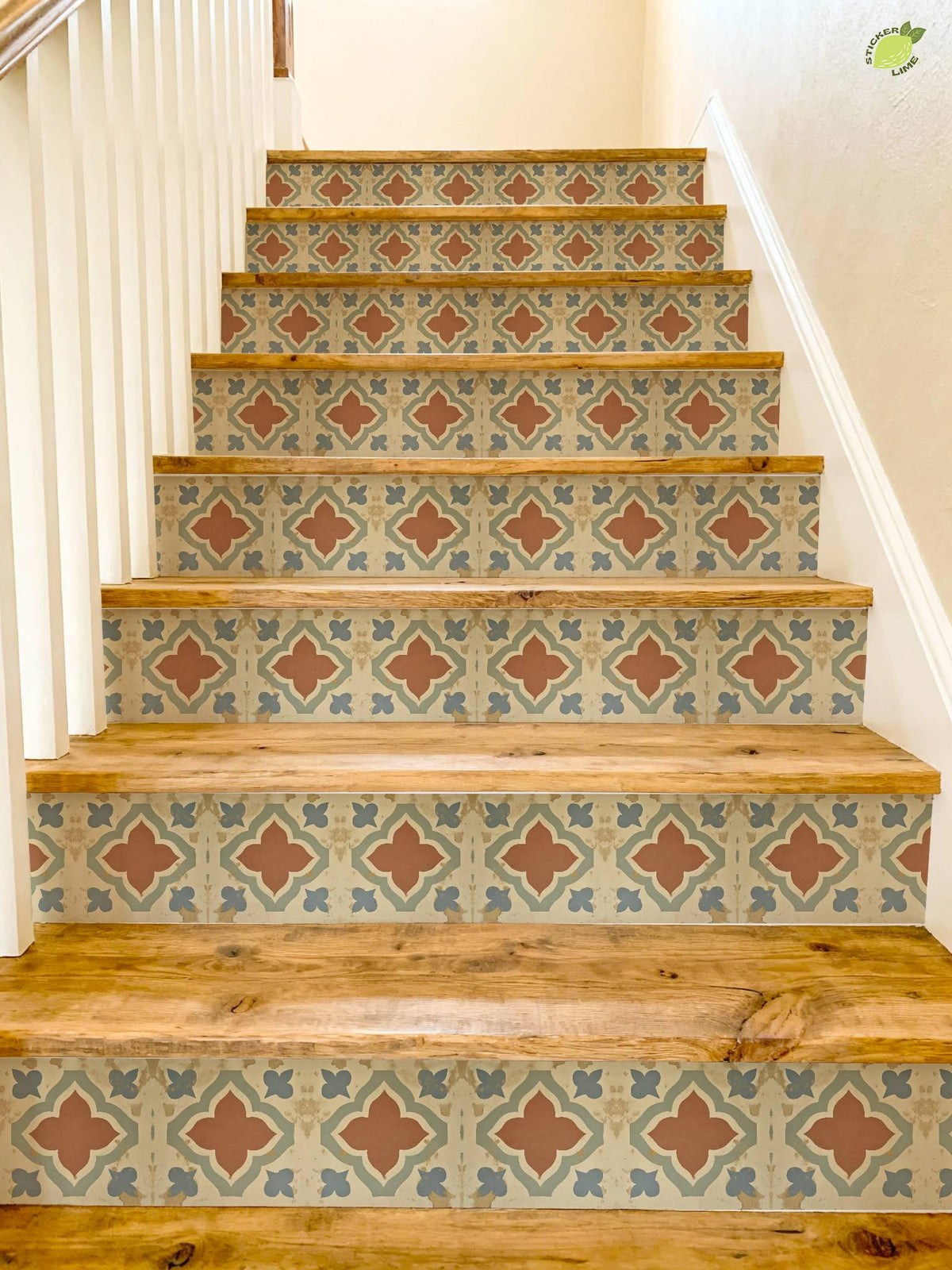 Terracotta Spanish Quatrefoil peel and stick stair riser decals, photo 4 of 8
