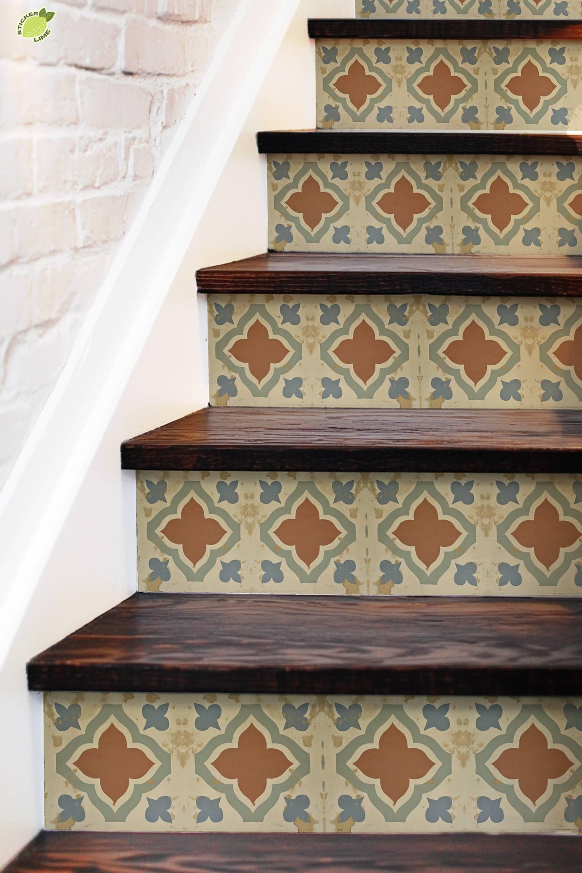Terracotta Spanish Quatrefoil peel and stick stair riser decals, photo 5 of 8