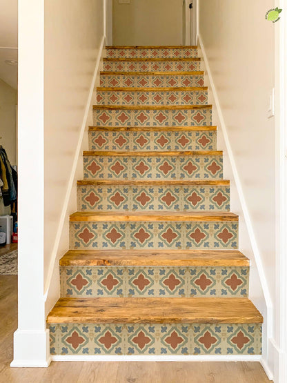 Terracotta Spanish Quatrefoil peel and stick stair riser decals, photo 6 of 8