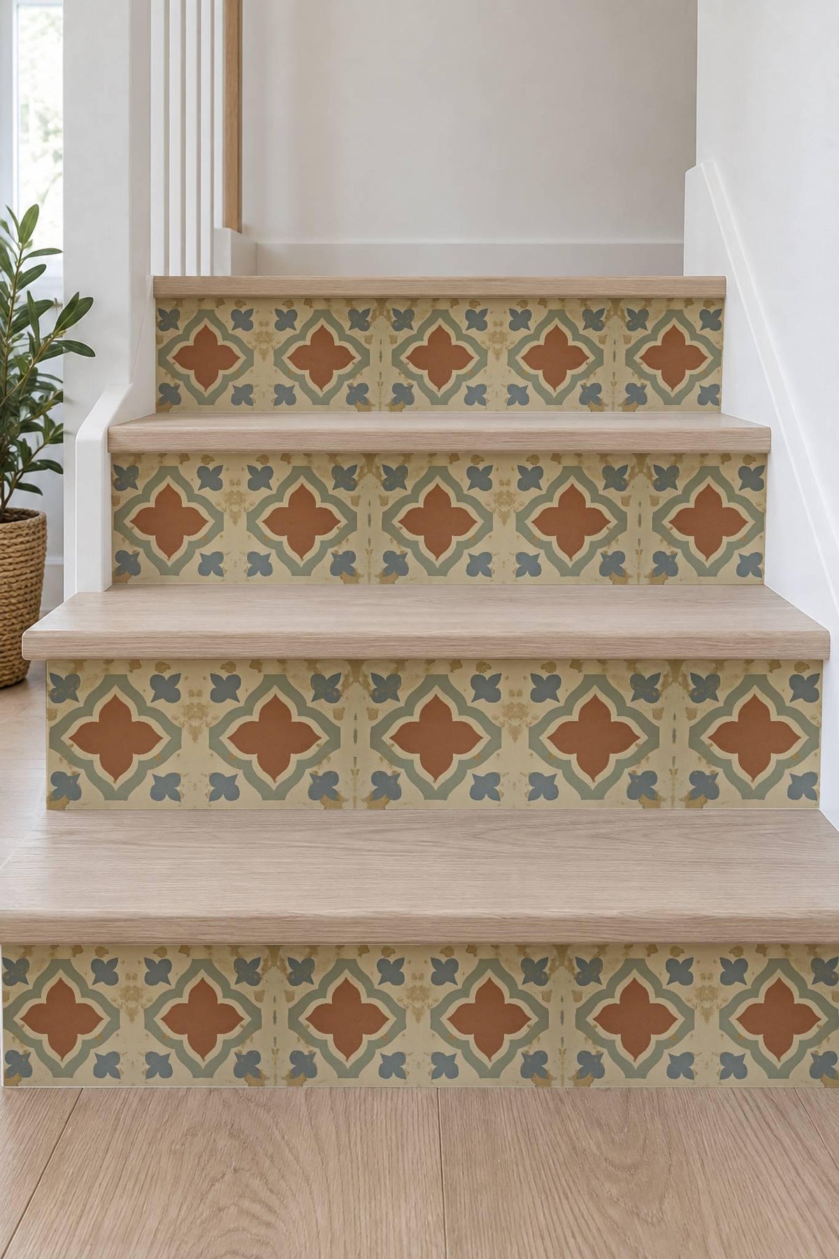 Terracotta Spanish Quatrefoil peel and stick stair riser decals, photo 7 of 8