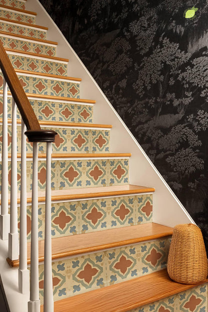 Terracotta Spanish Quatrefoil peel and stick stair riser decals, photo 8 of 8