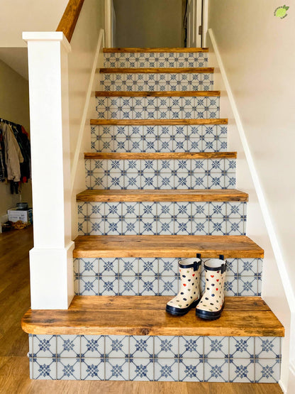 Vintage French Blue Fleur Motif peel and stick stair riser decals