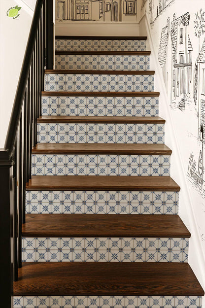 Vintage French Blue Fleur Motif peel and stick stair riser decals, photo 4 of 8