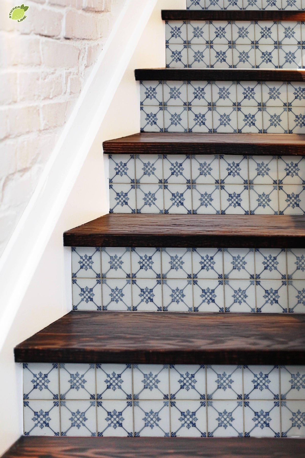 Vintage French Blue Fleur Motif peel and stick stair riser decals, photo 5 of 8