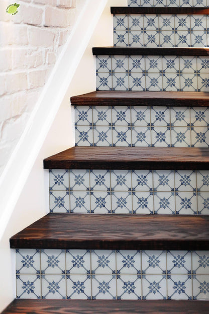 Vintage French Blue Fleur Motif peel and stick stair riser decals, photo 5 of 8