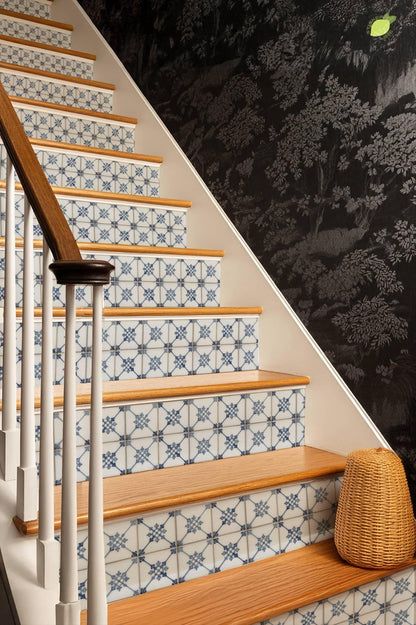 Vintage French Blue Fleur Motif peel and stick stair riser decals, photo 6 of 8