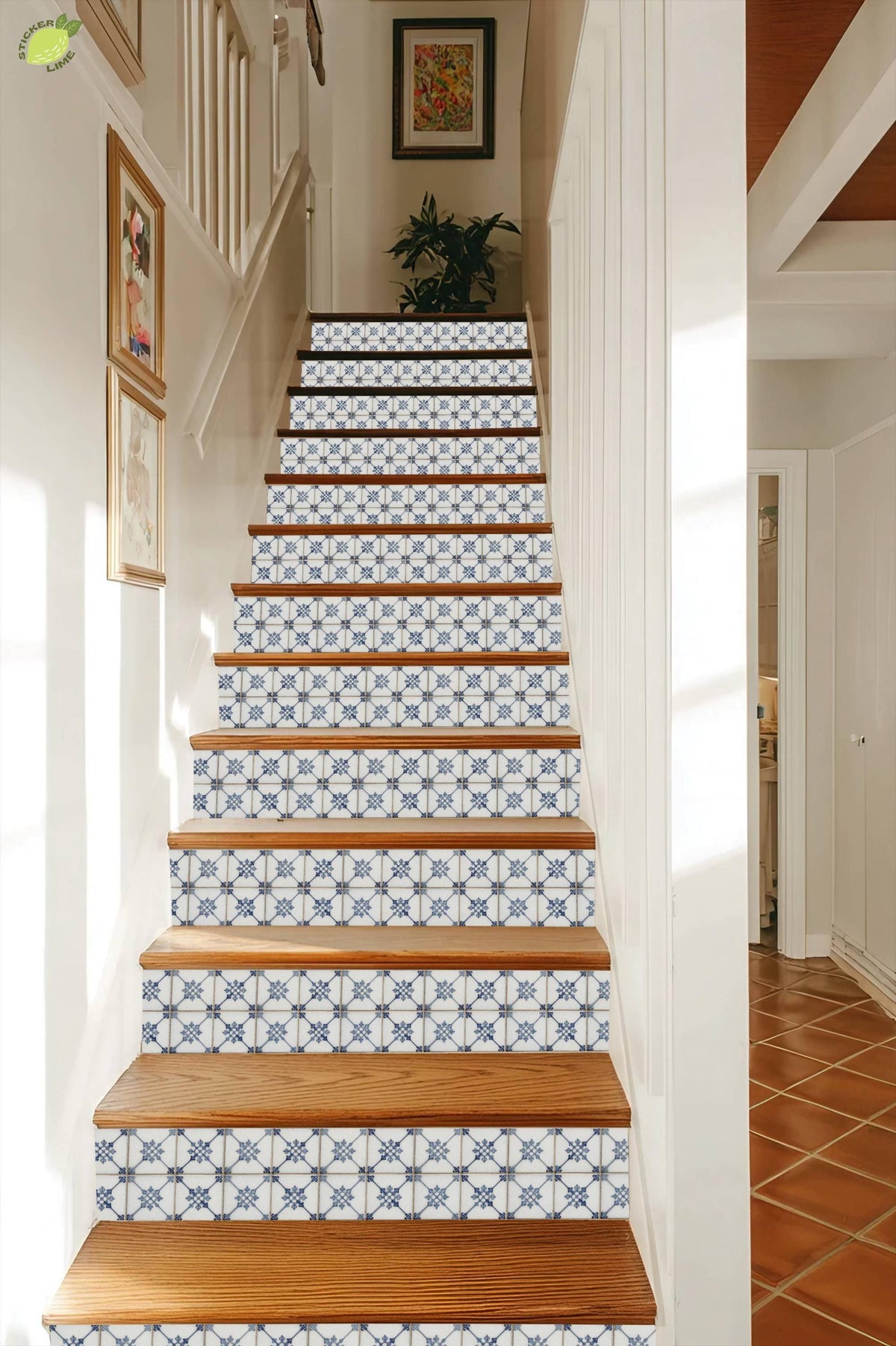 Vintage French Blue Fleur Motif peel and stick stair riser decals, photo 7 of 8