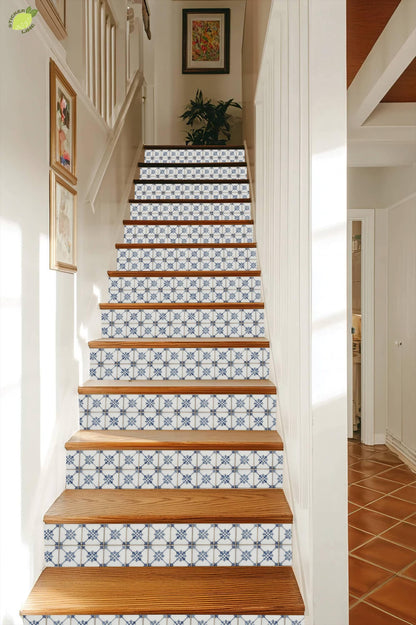 Vintage French Blue Fleur Motif peel and stick stair riser decals, photo 7 of 8