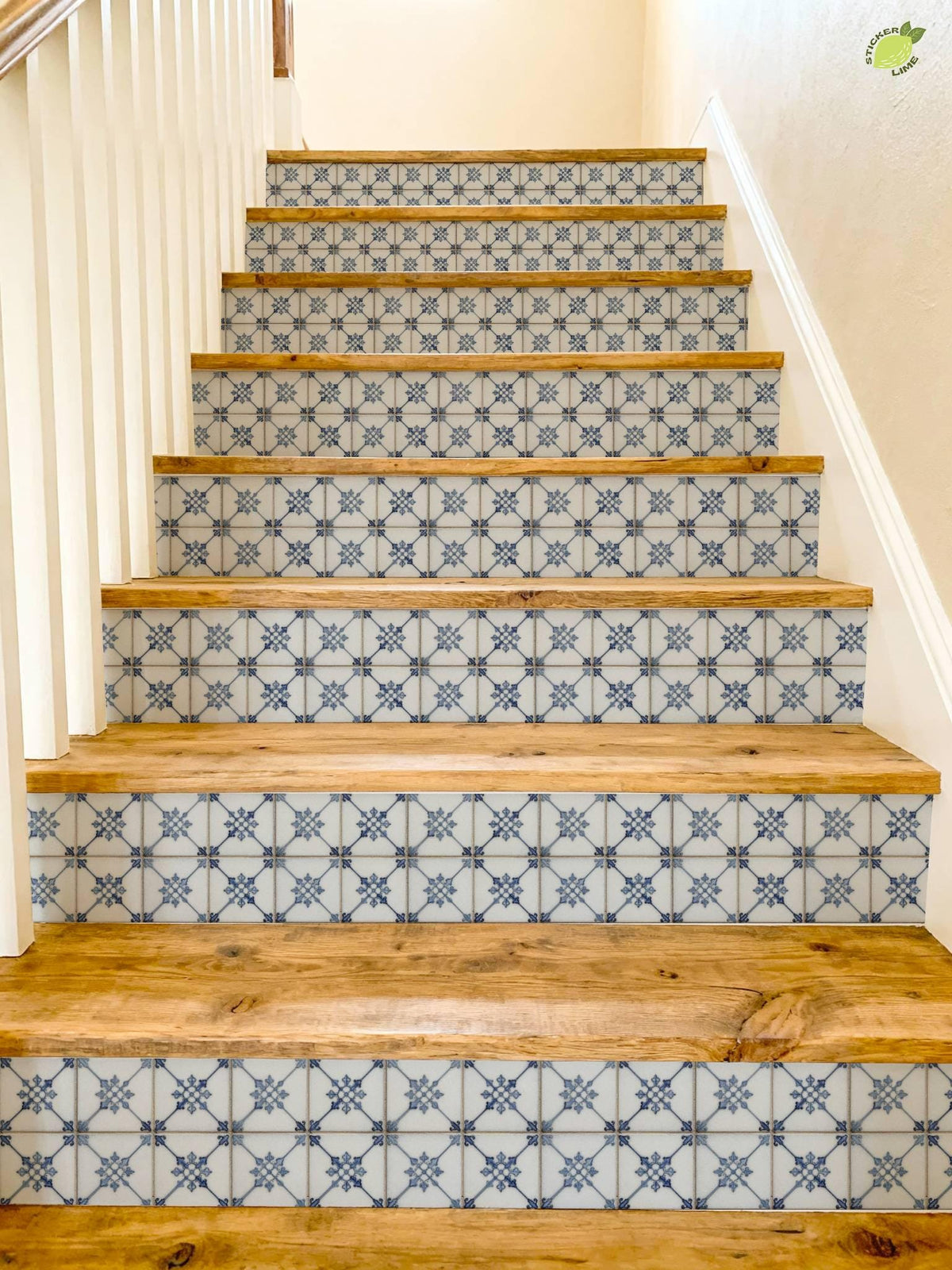 Vintage French Blue Fleur Motif peel and stick stair riser decals, photo 8 of 8
