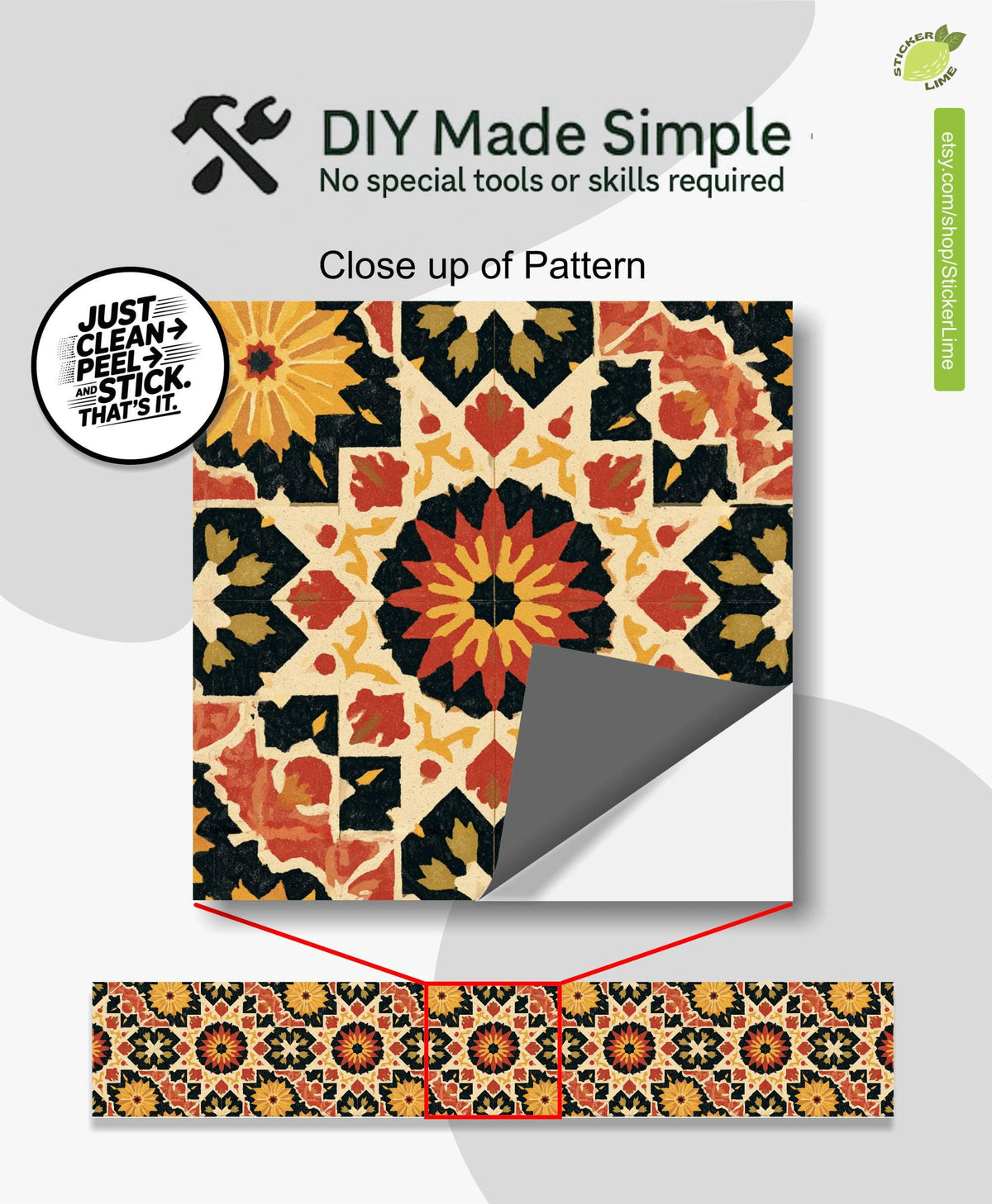 Vintage Mediterranean Floral Geometric Motif peel and stick stair riser decals, photo 2 of 8