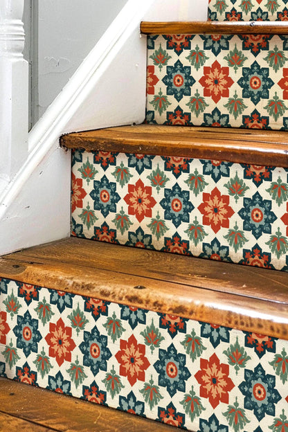 Vintage Mediterranean Folk Art Motif peel and stick stair riser decals