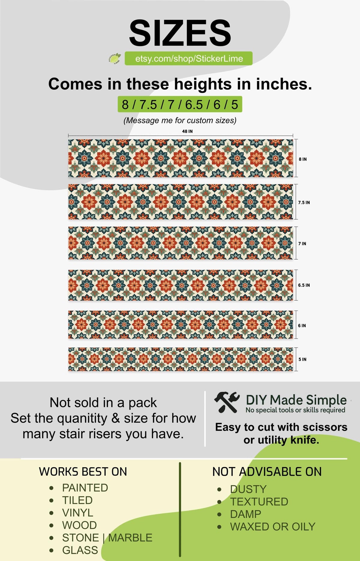 Vintage Mediterranean Folk Art Motif peel and stick stair riser decals, photo 3 of 8