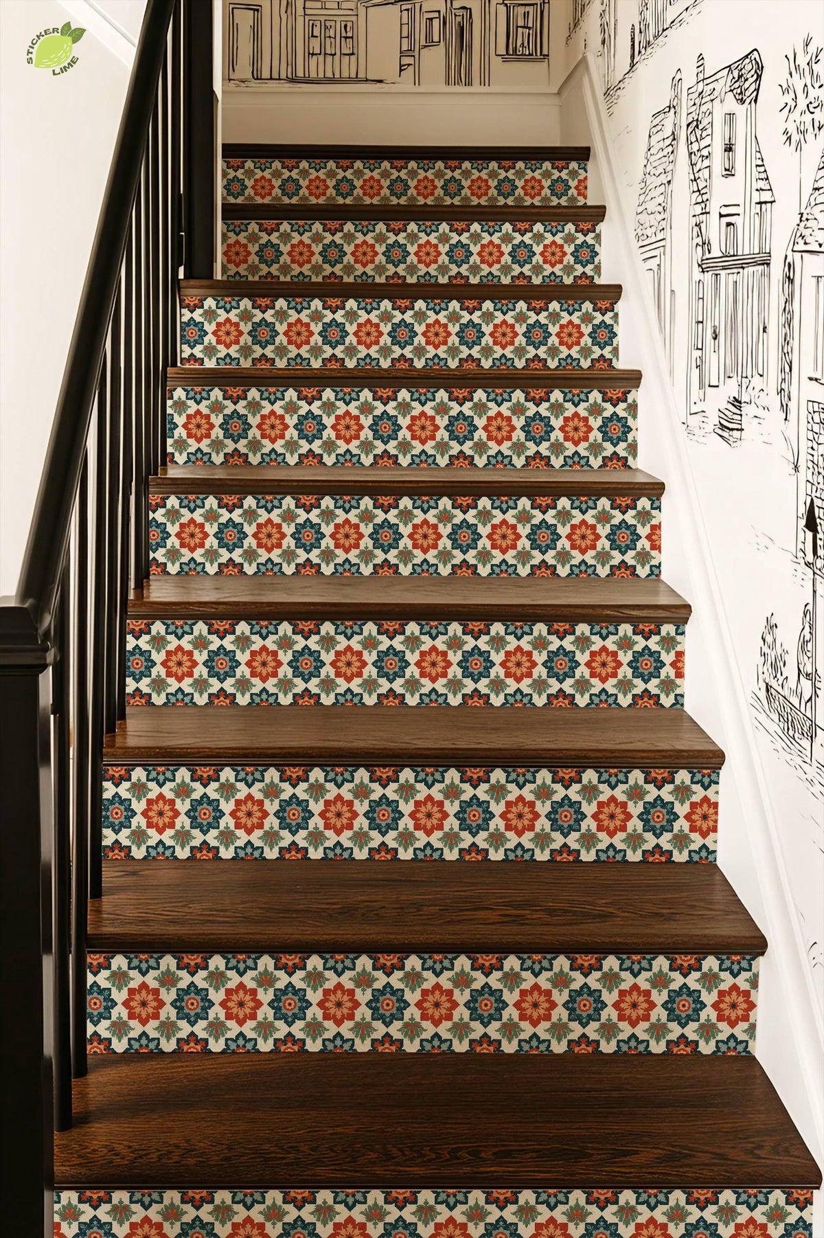Vintage Mediterranean Folk Art Motif peel and stick stair riser decals, photo 4 of 8