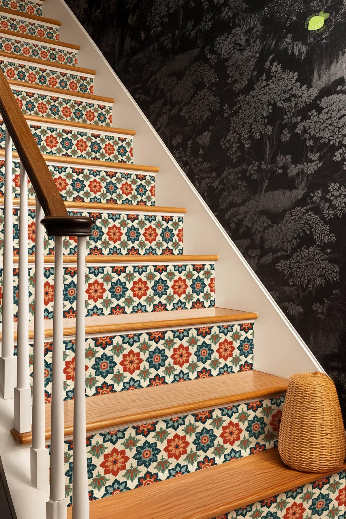 Vintage Mediterranean Folk Art Motif peel and stick stair riser decals, photo 6 of 8