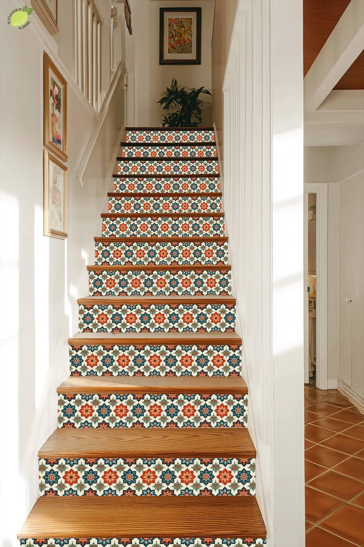 Vintage Mediterranean Folk Art Motif peel and stick stair riser decals, photo 7 of 8
