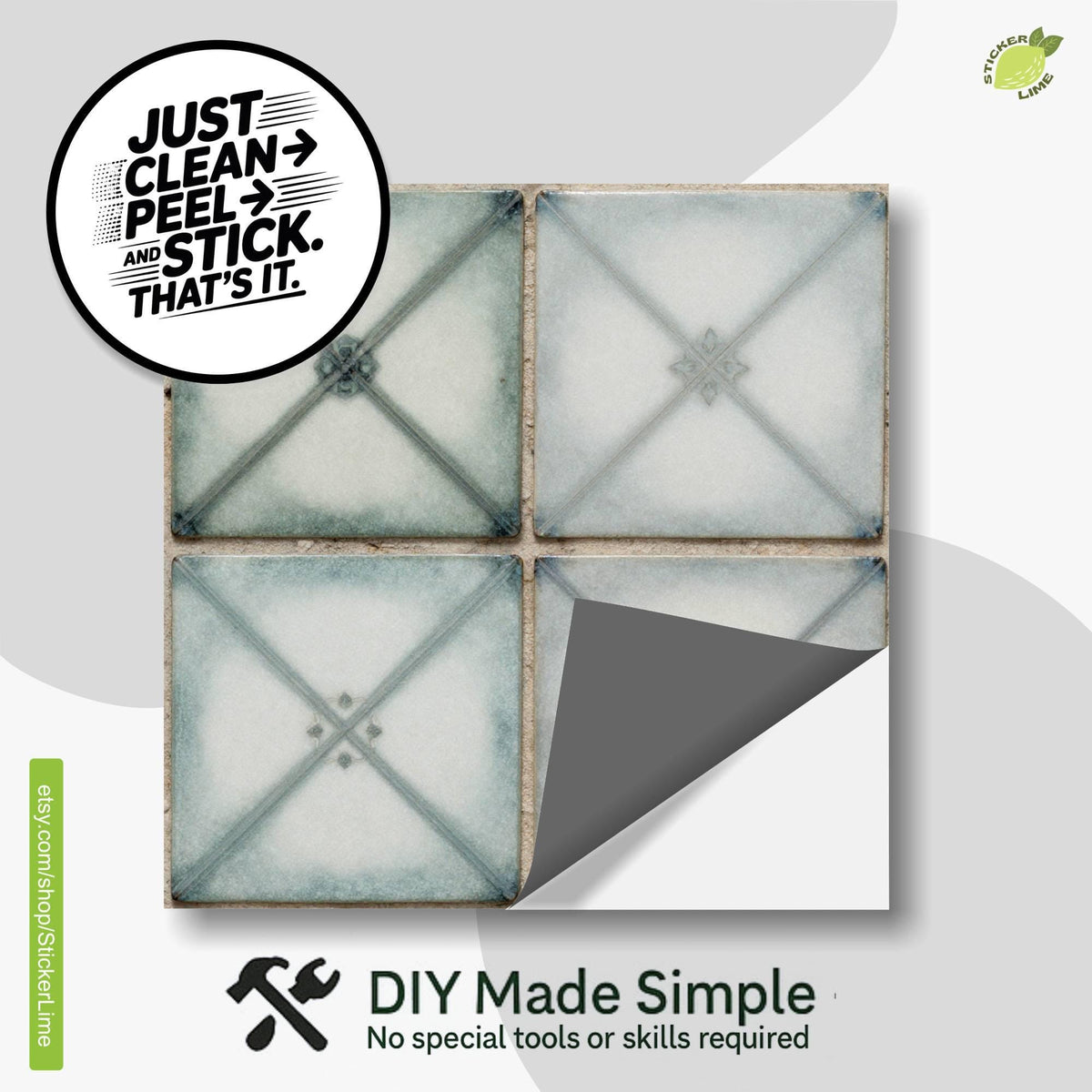 Vintage Rustic Sage Ceramic Motif peel and stick tile decals, photo 2 of 8
