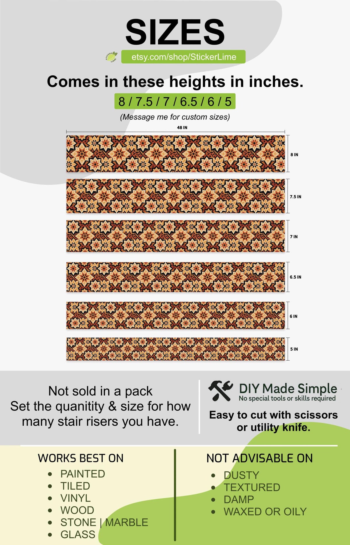 Vintage Spanish Star Motif peel and stick stair riser decals, photo 3 of 8