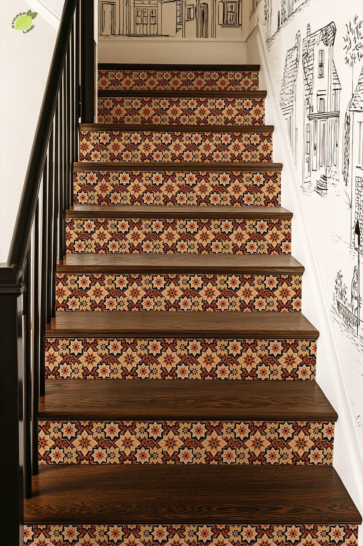 Vintage Spanish Star Motif peel and stick stair riser decals, photo 4 of 8