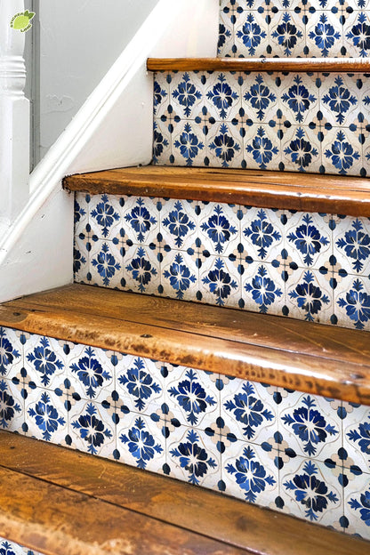 White & Blue Medieval Tile peel and stick stair riser decals