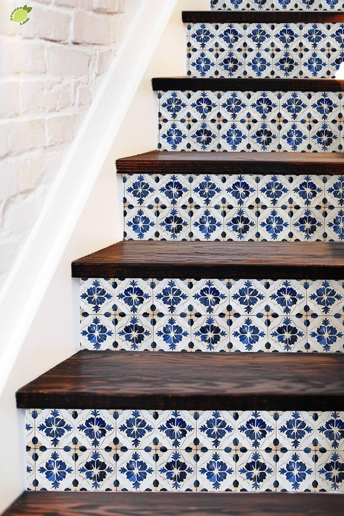 White & Blue Medieval Tile peel and stick stair riser decals, photo 3 of 8