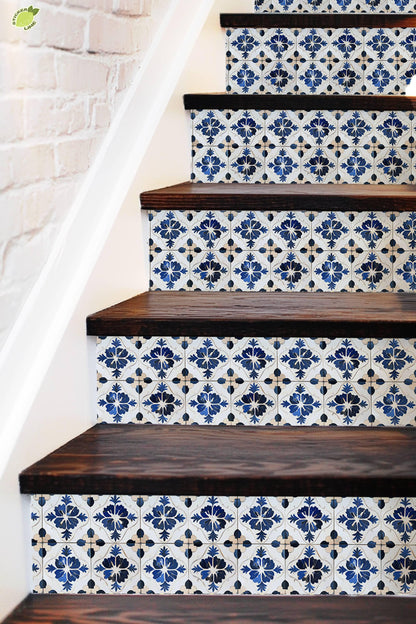White & Blue Medieval Tile peel and stick stair riser decals, photo 3 of 8