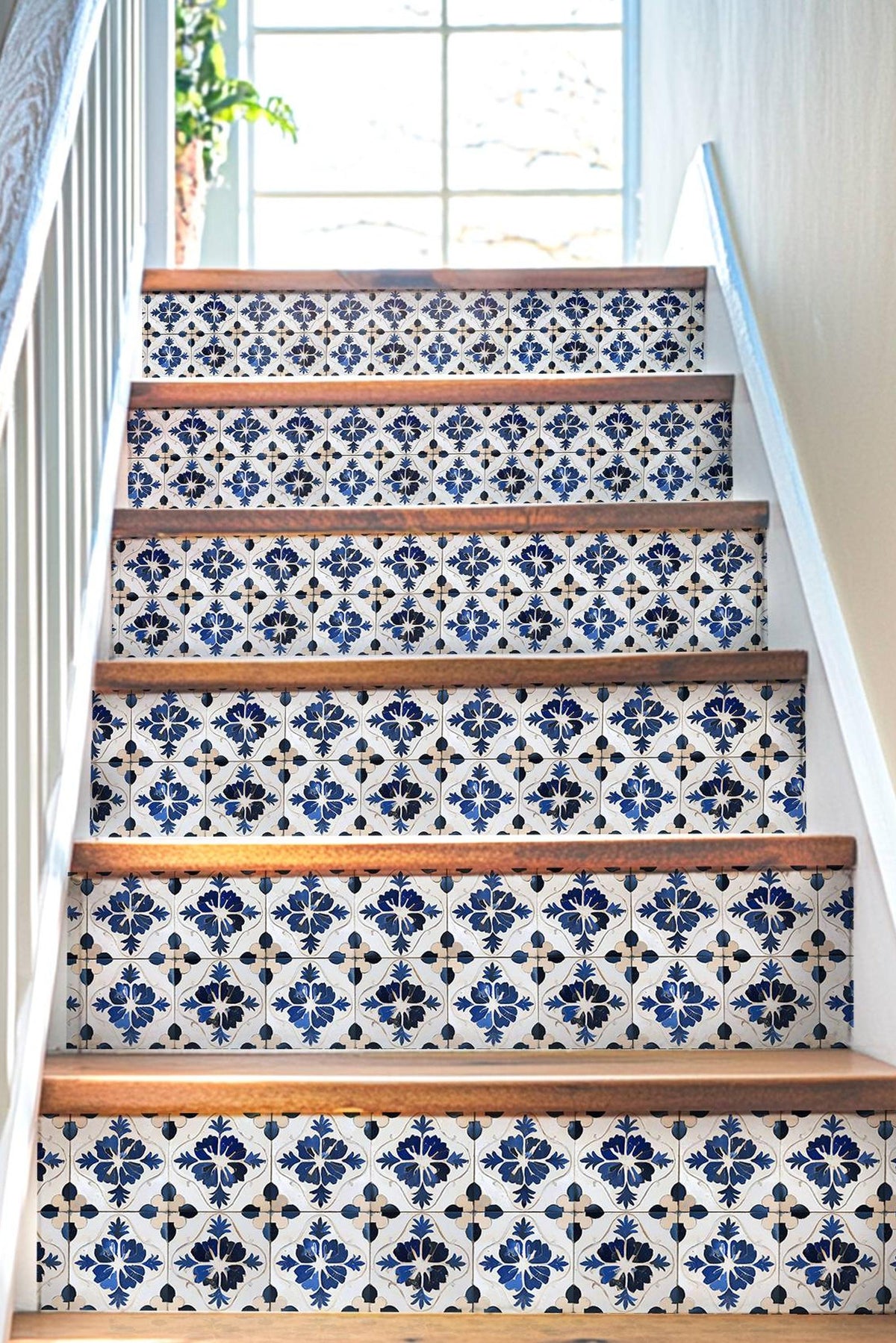 White & Blue Medieval Tile peel and stick stair riser decals, photo 4 of 8