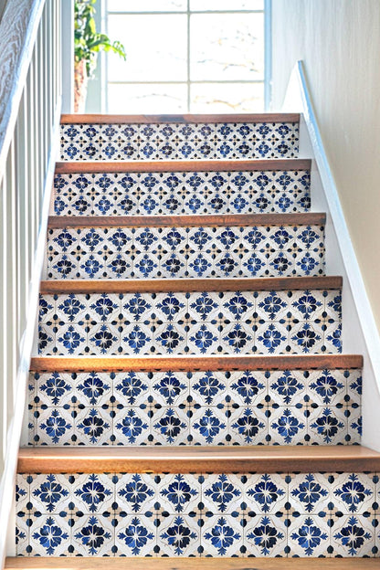White & Blue Medieval Tile peel and stick stair riser decals, photo 4 of 8