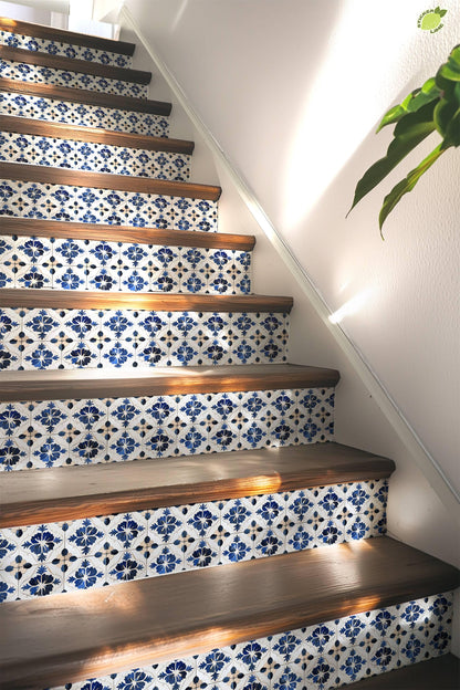 White & Blue Medieval Tile peel and stick stair riser decals, photo 5 of 8
