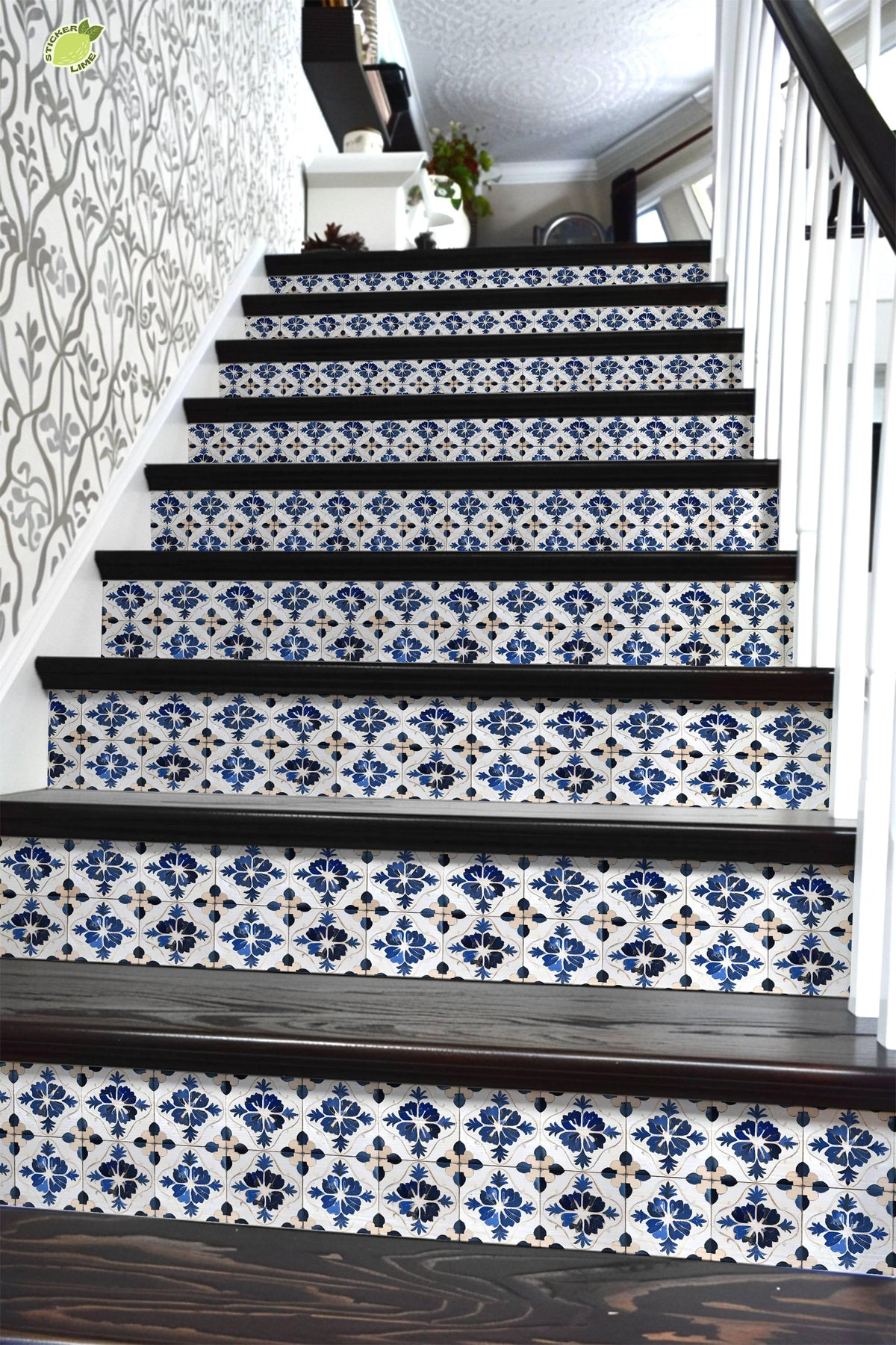 White & Blue Medieval Tile peel and stick stair riser decals, photo 6 of 8
