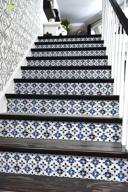 White & Blue Medieval Tile peel and stick stair riser decals, photo 6 of 8