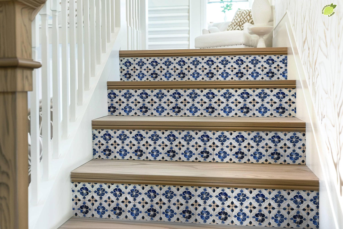 White & Blue Medieval Tile peel and stick stair riser decals, photo 7 of 8
