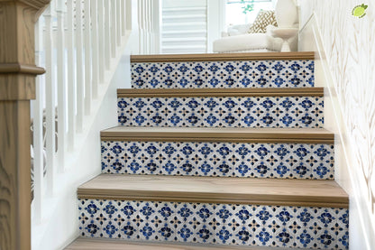 White & Blue Medieval Tile peel and stick stair riser decals, photo 7 of 8