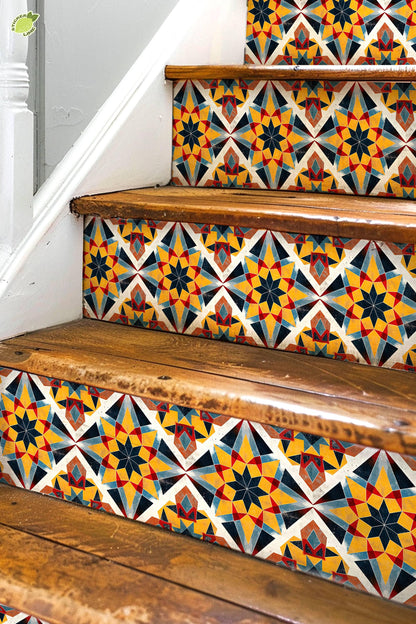 Yellow & Black Rustic Moroccan Tile peel and stick stair riser decals