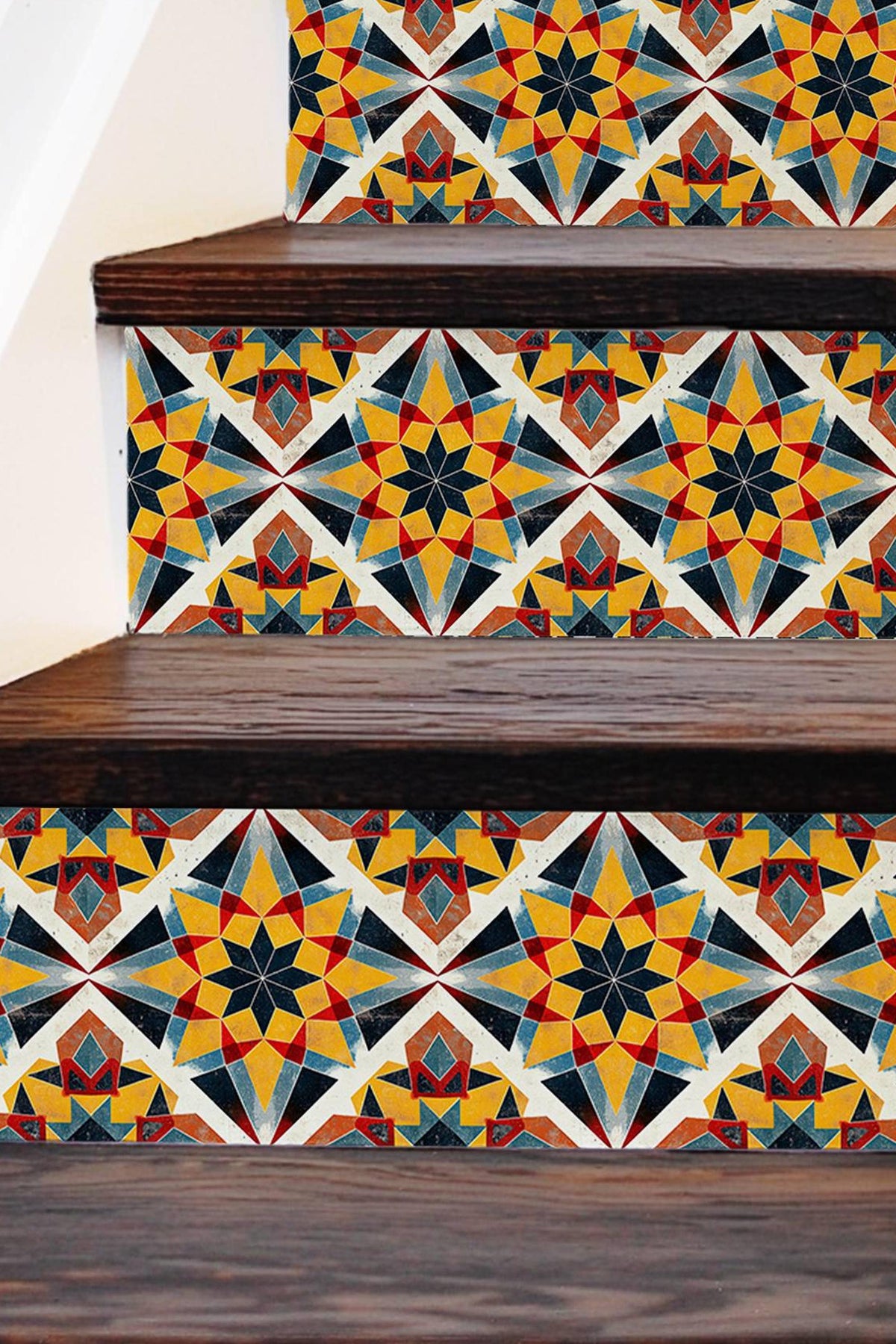 Yellow & Black Rustic Moroccan Tile peel and stick stair riser decals, photo 3 of 8
