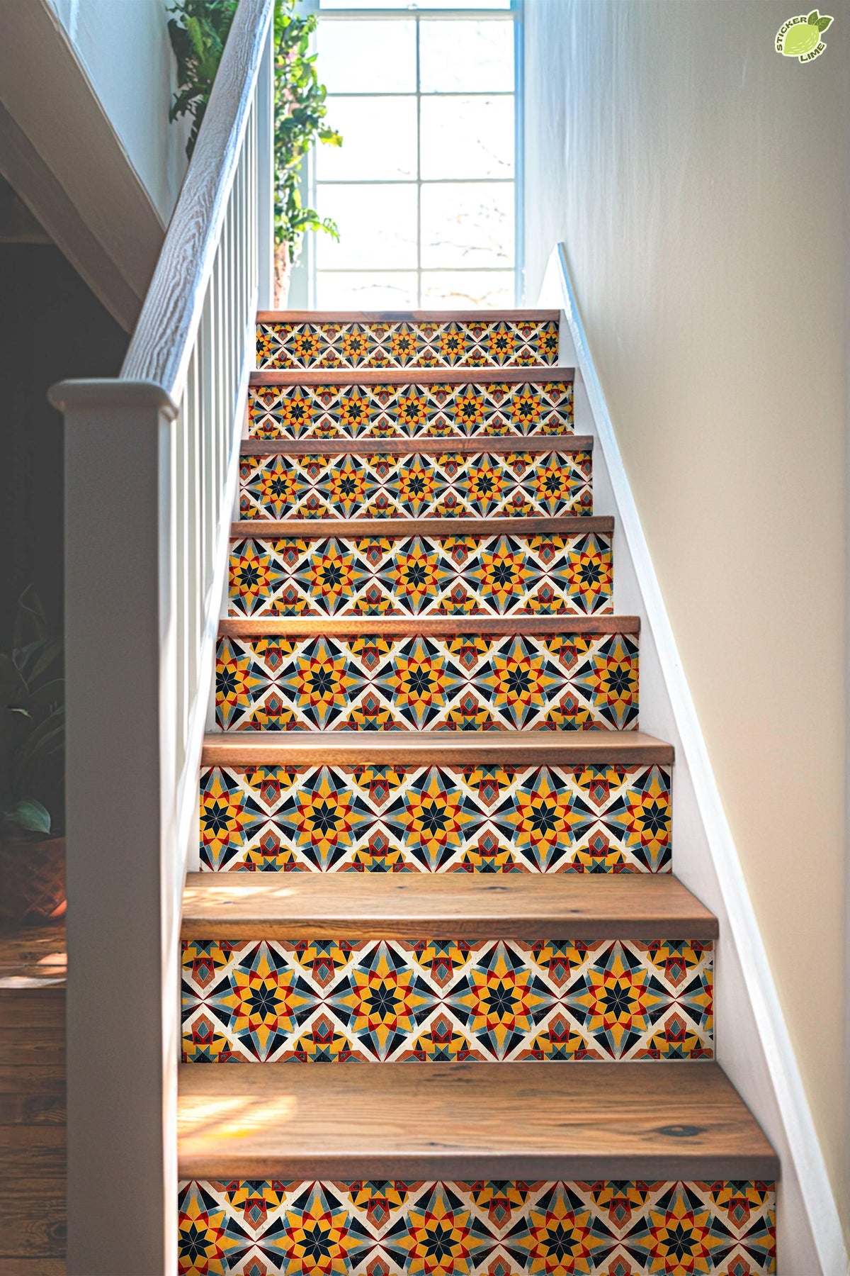 Yellow & Black Rustic Moroccan Tile peel and stick stair riser decals, photo 4 of 8