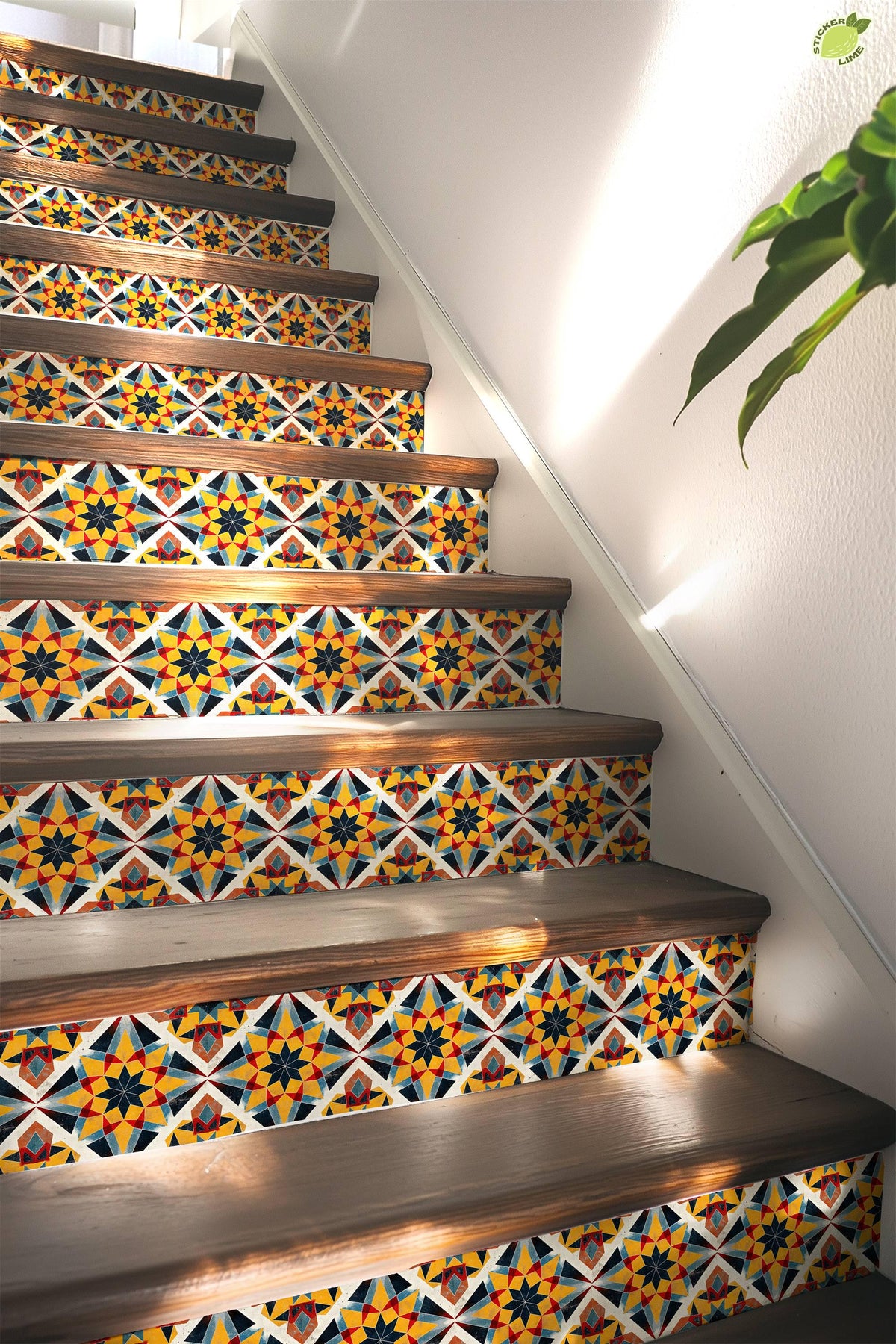 Yellow & Black Rustic Moroccan Tile peel and stick stair riser decals, photo 5 of 8