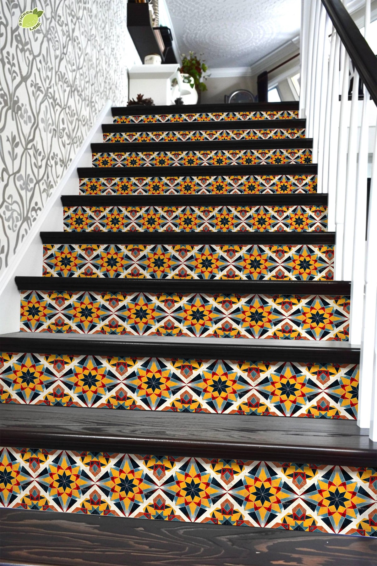 Yellow & Black Rustic Moroccan Tile peel and stick stair riser decals, photo 6 of 8