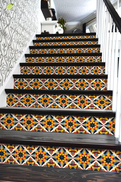 Yellow & Black Rustic Moroccan Tile peel and stick stair riser decals, photo 6 of 8