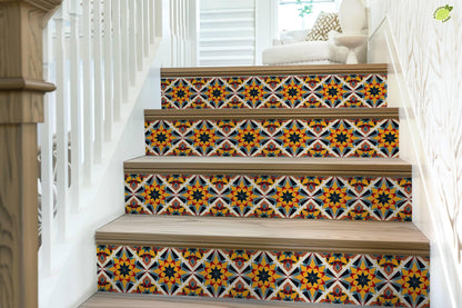 Yellow & Black Rustic Moroccan Tile peel and stick stair riser decals, photo 7 of 8