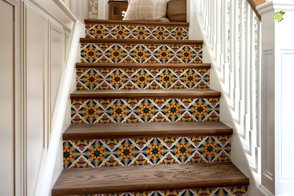 Yellow & Black Rustic Moroccan Tile peel and stick stair riser decals, photo 8 of 8