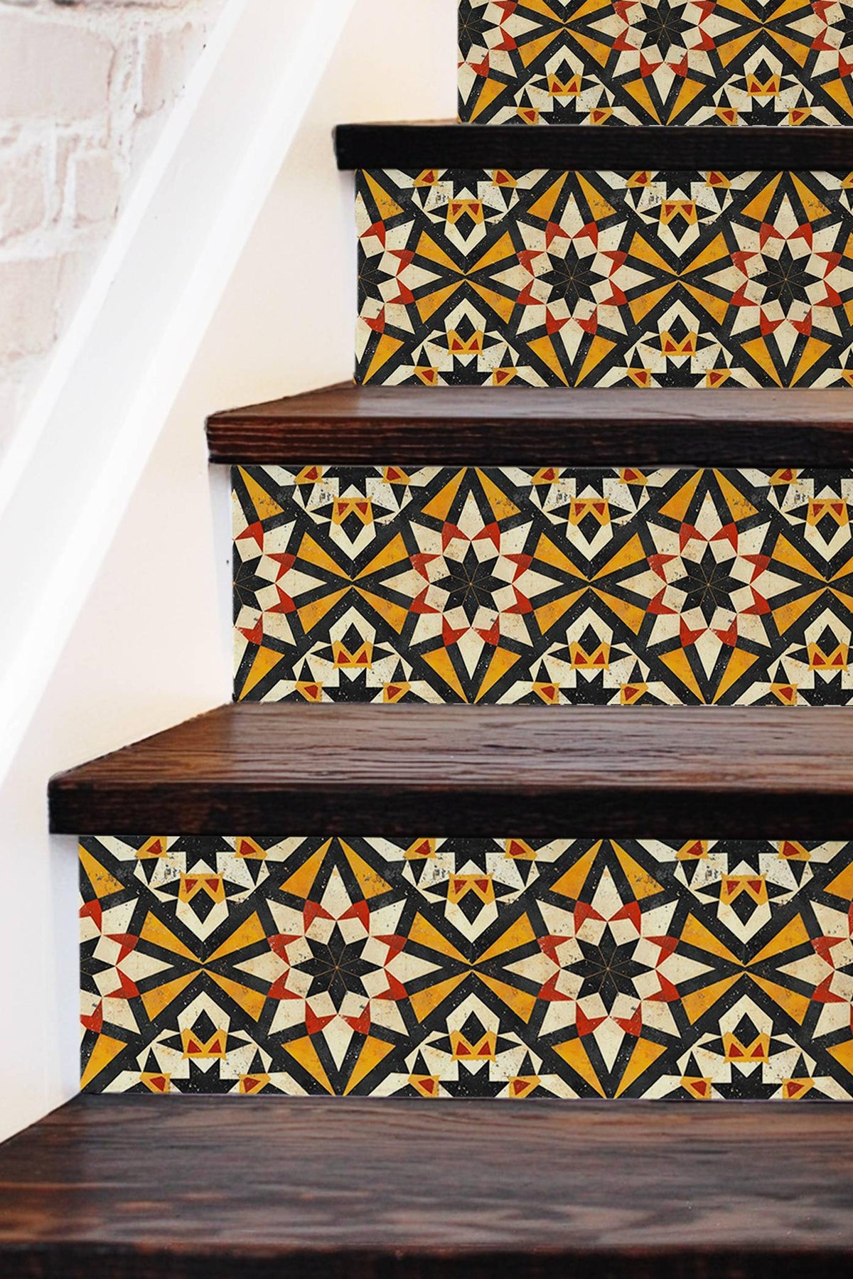 Yellow & Red Rustic Moroccan Tile peel and stick stair riser decals, photo 3 of 8