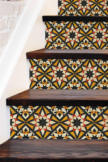 Yellow & Red Rustic Moroccan Tile peel and stick stair riser decals, photo 3 of 8