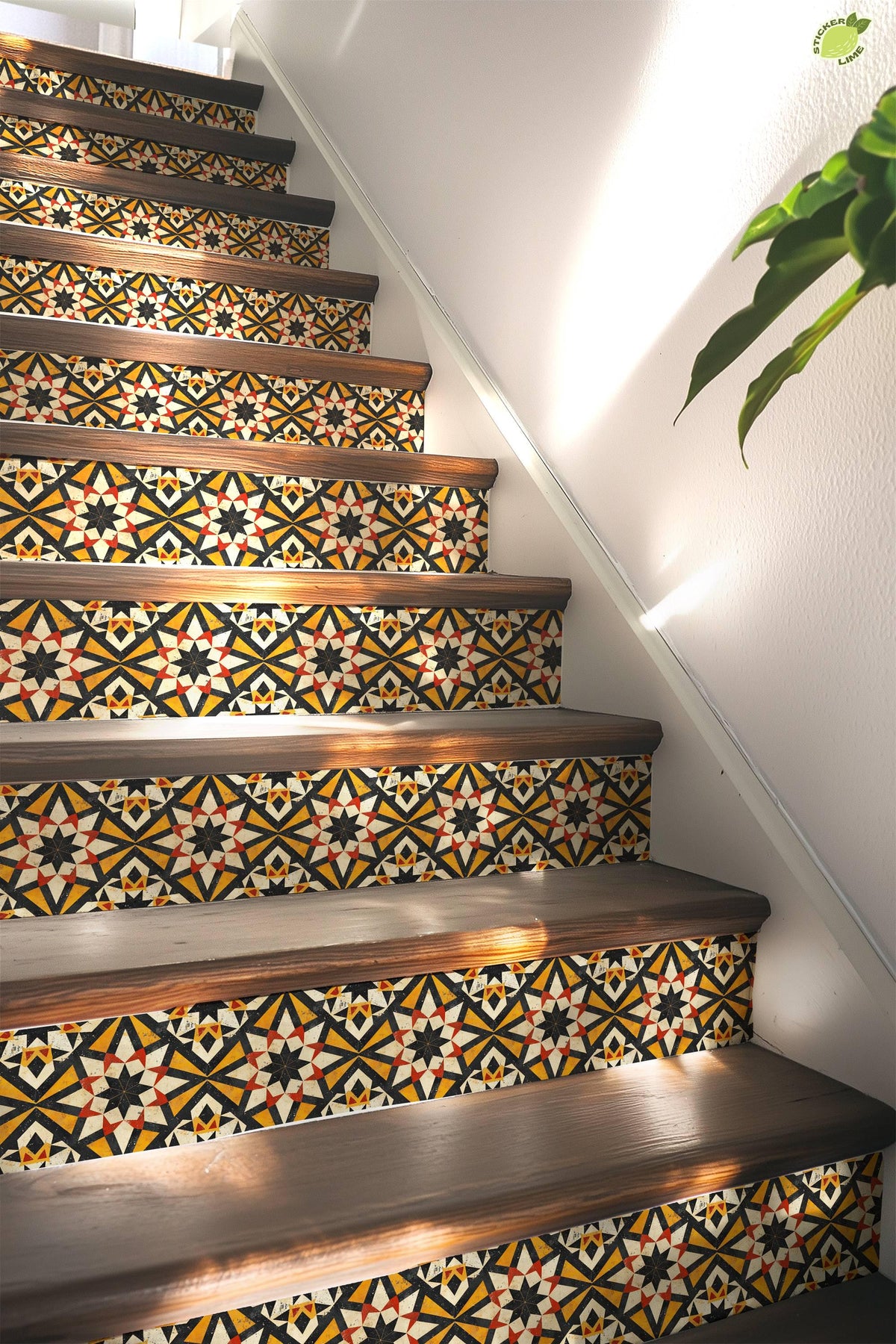 Yellow & Red Rustic Moroccan Tile peel and stick stair riser decals, photo 5 of 8