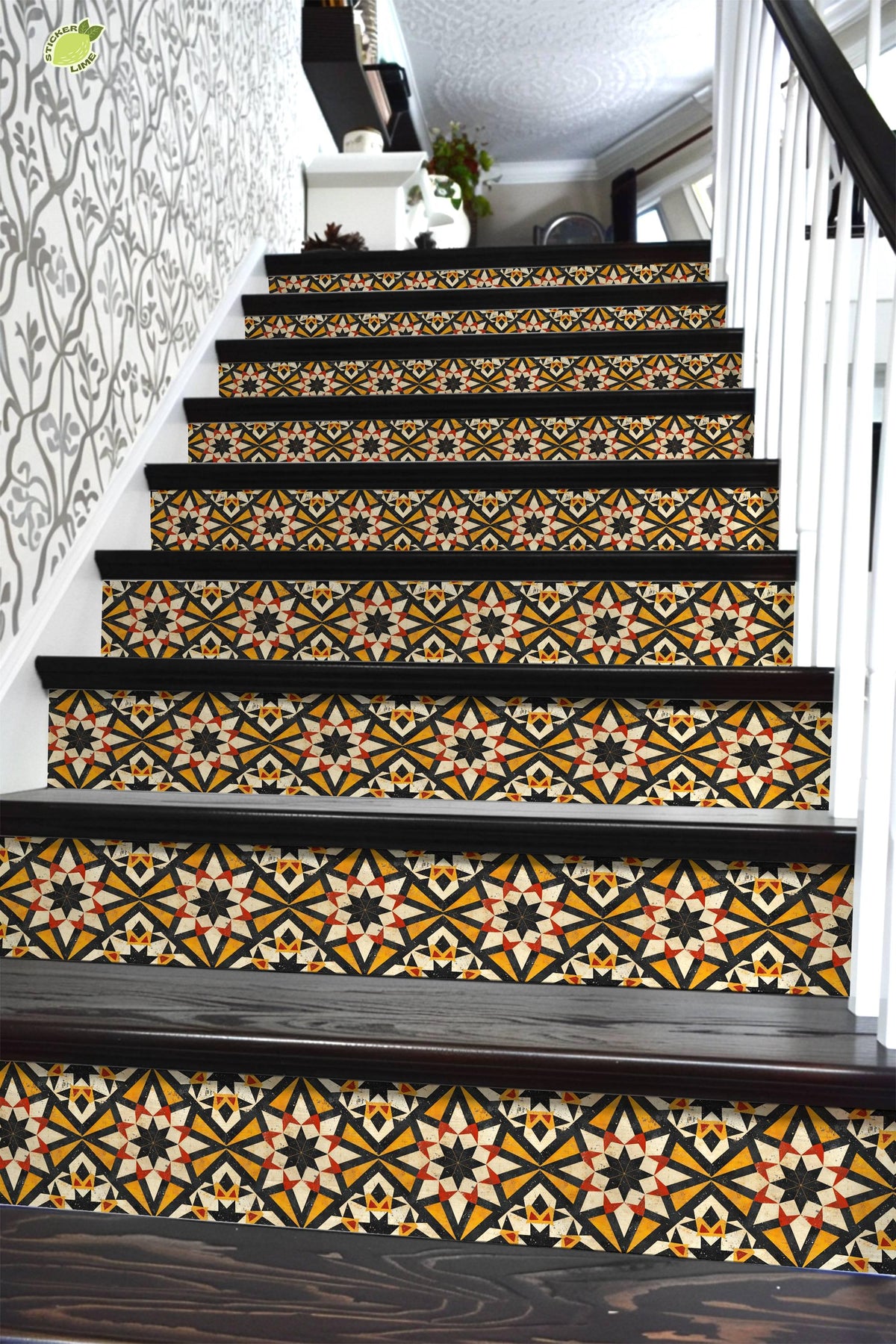 Yellow & Red Rustic Moroccan Tile peel and stick stair riser decals, photo 6 of 8