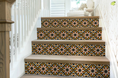 Yellow & Red Rustic Moroccan Tile peel and stick stair riser decals, photo 7 of 8