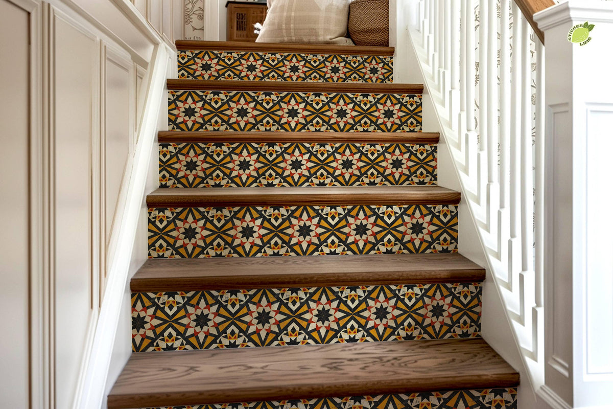 Yellow & Red Rustic Moroccan Tile peel and stick stair riser decals, photo 8 of 8